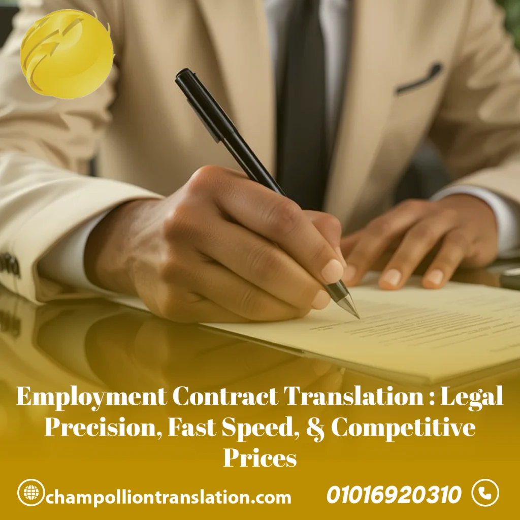 Employment Contract Translation (Egypt & Dubai): Legal Precision, Fast Speed, & Competitive Prices In the fast-paced world of international business and global career mobility, securing a professional employment contract translation is a pivotal step that allows no room for error or delay. Whether you are an ambitious professional planning to travel abroad for your dream job, or an international corporation seeking to hire local talent, obtaining an accurate, legally sound, and certified employment contract translation is the bridge you must cross to secure your professional future safely. At Champollion, we are here to provide you with a world-class employment contract translation service. We combine legal professionalism in drafting clauses, blazing-fast execution speeds, and most importantly: an employment contract translation service with competitive prices that are unbeatable in both the Egyptian and UAE markets. Why Search for a Reliable "Employment Contract Translation" Service? Searching for an employment contract translation is not merely a search for a vendor to convert text from English to Arabic or vice versa; it is a search for legal security and career stability. When you request an employment contract translation from our agency, you are, in reality, documenting your financial rights, your working hours, the benefits you will receive, and even your binding obligations. Many clients struggle significantly to find an agency that delivers an employment contract translation that balances high linguistic quality with competitive prices that fit their budget. This is where our leading role comes in. We specialize in employment contract translation of all types and languages. We guarantee that every single word in your employment contract translation document will be in its correct legal and linguistic place, closing the door to any future loopholes. Whether you are a resident in Cairo needing an employment contract translation to submit to a European embassy for a visa, or you are in Dubai requiring an employment contract translation for documentation with the Ministry of Human Resources and Emiratisation (MOHRE), we are the premier choice that guarantees you peace of mind and the best employment contract translation price in the Arab region. Why is the Accuracy of "Employment Contract Translation" Critical for Your Career? Some might mistakenly believe that employment contract translation is a simple routine process that anyone can perform. However, legal and practical reality proves the exact opposite. Any minor error or ambiguity in an employment contract translation can lead to legal disasters or massive financial losses in the future that cannot be rectified. 1. Protecting Financial Rights in Employment Contract Translation When we undertake the task of employment contract translation, we pay supreme attention and double-check clauses related to salary, allowances, commissions, annual bonuses, and end-of-service gratuity. A single wrong word in an employment contract translation could deprive you of an inherent financial right or diminish your dues. Therefore, our legal experts review employment contract translation drafts with extreme precision to ensure financial figures and terms match perfectly between both languages. 2. Tricky Legal Terminology in Employment Contract Translation Employment agreements typically contain complex legal terms such as "Probation Period," "Penalty Clauses," "Notice Period," and "Non-Compete." The process of employment contract translation requires a translator well-versed in labor law to understand the nuanced differences between terms like "Termination" and "Resignation" and their legal impact on your dues. We guarantee an employment contract translation that uses the correct legal terminology applicable in the target country, whether it is Egypt or the UAE. 3. Official Acceptance of the Employment Contract Translation File Official authorities and embassies do not tolerate errors in documentation. Submitting a weak or uncertified employment contract translation to an embassy could mean visa rejection and the permanent loss of a job opportunity. Our service provides an employment contract translation that is 100% certified and accepted, saving you the trouble of rejection and re-submission, all offered at very competitive prices. Dictionary of "Employment Contract Translation" Terms (Your Guide to Understanding What You Sign) Part of our distinction in providing employment contract translation services is that we help the client understand complex terms before they commit. Here are the most important terms we focus on during employment contract translation to ensure accuracy, which you must pay close attention to: 1. Termination Terms In employment contract translation, we find a fundamental and sensitive difference between termination terms: For Cause Termination: This means the company ends the contract due to a gross error committed by the employee (such as cases mentioned in Article 120 of the UAE Labor Law or Article 69 of the Egyptian Law). The employment contract translation must clarify this clause accurately because it often deprives the employee of their gratuity entirely. Arbitrary Dismissal: If the employment contract translation is incorrect in this context, you might lose your right to compensation for arbitrary dismissal, which can legally amount to 3 months of full salary. 2. Compensation & Benefits Terms Basic Salary vs. Total Salary: In employment contract translation destined for Gulf countries, distinguishing between "Basic Salary" and "Total Salary" is a matter of life and death, because end-of-service gratuity is legally calculated on the "Basic Salary" only. We guarantee an employment contract translation that defines this value clearly to prevent any manipulation. Repatriation Ticket: A clause often forgotten in unprofessional employment contract translation, which is your right to a return ticket to your home country upon contract completion. We ensure its clear presence in the translated version. 3. Non-Compete Clause This is considered the most dangerous clause you face during employment contract translation. The English contract might state you are banned from working in "any competing company" for two years after resignation. Our accurate employment contract translation must define the geographical scope (e.g., within Dubai only) and the time scope of this ban, so you do not find yourself legally unemployed because you signed a clause you didn't fully understand. Our Dual Services: Employment Contract Translation in Egypt & UAE We pride ourselves on offering integrated and comprehensive solutions for employment contract translation covering the two most important labor markets in the Arab region. Our strategy guarantees you get an employment contract translation that fits the local and legal context of each country individually. First: Employment Contract Translation Service for Embassies in Egypt For Egyptians seeking job opportunities abroad, we offer an employment contract translation service tailored to the requirements of foreign embassies located in Egypt. Employment Contract Translation for Schengen Embassies: We translate employment contracts into Italian, German, French, and Spanish with extreme accuracy to ensure visa file acceptance from the first attempt. Employment Contract Translation for the Saudi Embassy & Gulf Countries: We offer employment contract translation and authentication in compliance with the requirements of the Saudi Labor Attaché, providing very competitive prices for travelers to reduce travel burdens. MFA Legalization: We help you prepare your employment contract translation to be valid for legalization by the Egyptian Ministry of Foreign Affairs and authentication offices. The Magic Sentence: "We guarantee an employment contract translation accepted 100% by all embassies and consulates in Cairo, at competitive prices that fit your pre-travel budget." Second: Legal Employment Contract Translation in Dubai (UAE) The labor market in the UAE requires very special precision. Our employment contract translation service in Dubai complies with the laws of the Ministry of Human Resources and Emiratisation (MOHRE) and Free Zones. MOHRE Contract Translation: We offer employment contract translation that matches the unified standard form of the UAE Ministry of Labour, facilitating procedures at "Tasheel" centers. Free Zone Contract Translation (JLT, DMCC): We understand the privacy of Free Zone contracts and provide employment contract translation certified by the administrations of these zones to open company and employee files. Employment Contract Translation for Courts: In cases of labor disputes, we provide a legal and Sworn employment contract translation to be submitted to Dubai and Abu Dhabi courts as evidence. The Magic Sentence: "We provide employment contract translation compatible with MOHRE formats and Dubai Courts, ensuring you get the best employment contract translation price in the UAE." Legal Comparison: Difference Between Employment Contract Translation for Egypt vs. UAE As an agency offering competitive prices in both countries, we understand the subtle fundamental differences that must be observed during employment contract translation for each state, which sets us apart from others: 1. Employment Contract Translation under Egyptian Labor Law (No. 12 of 2003) Governing Language: In Egypt, if there is a judicial dispute regarding a dual-language employment contract translation, the Arabic text is the one recognized before Egyptian courts. Therefore, we focus intensely on the phrasing of the Arabic text during employment contract translation for foreign companies operating in Egypt to ensure the legal safety of the company and the employee. Duration Definition: Contracts in Egypt automatically convert to indefinite contracts (permanent tenure) after 5 years. When performing employment contract translation, the renewal clause must be clarified precisely to avoid unintended permanence (for companies) or to guarantee it (for employees). 2. Employment Contract Translation under UAE Labor Law (Decree-Law No. 33 of 2021) Unified MOHRE Forms: The UAE relies on unified electronic contract forms. When doing employment contract translation for the UAE, we do not perform free translation; instead, we use the terms officially approved in the "Offer Letter" matching the Ministry's format to ensure compliance. Abolition of Sponsorship System: Terms like "Sponsorship Transfer" no longer exist in the old form in the new law and have been replaced by "Change of Employer." Our modern employment contract translation keeps up with these legal amendments for 2024/2025 to reflect the new reality. Employment Contract Translation Prices: Why Are We the Smartest & Most Affordable Choice? When clients search for the "price of employment contract translation," they often find a wide and confusing range of prices. However, we decided to break this rule and offer a difficult equation: Professional employment contract translation at incredibly competitive prices. 1. No Hidden Fees in Employment Contract Translation Absolute transparency is our motto. The price you get when requesting an employment contract translation is the final and all-inclusive price. There are no hidden administrative fees, no "file opening" charges, and no surprise taxes upon delivery. Our goal is to provide employment contract translation with total cost clarity so you can make a decision immediately. 2. Savings Packages for Corporate Employment Contract Translation For companies that need employment contract translation for their employees periodically or in large quantities, we offer very special price packages (Corporate Packages). When requesting employment contract translation for more than one employee, you will receive a significant volume discount that makes the individual cost of employment contract translation the cheapest in the market, undisputed. 3. Value for Money in Employment Contract Translation We do not offer the cheapest employment contract translation at the expense of quality; rather, we offer the best investment value. Your small investment in an accurate employment contract translation protects you from massive future financial losses that may result from misunderstandings. We guarantee competitive prices that will make you not hesitate for a moment in choosing us as your linguistic partner. Call to Action (CTA): "Do you want to know our special cost? Contact us now via WhatsApp to know the current offer and get an instant, surprising quote for your employment contract translation." Our Strict Quality Standards in Contract Translation Because an employment contract translation is considered a highly sensitive document, we apply strict Quality Assurance (QA) standards that ensure the output of an employment contract translation is free from any linguistic or legal blemishes. Mirror Formatting: When performing employment contract translation, we always ensure the use of side-by-side column formatting (source language next to target language on the same page). This professional format facilitates immediate comparison and increases the credibility of the employment contract translation before official and judicial authorities. Double Legal Review: No employment contract translation leaves our office without passing through two stages; a linguistic review and a review by a specialized legal translator, to ensure the integrity of the legal phrasing. Absolute Confidentiality: We fully understand that employment contract translation involves salary data, account numbers, and sensitive personal information. We sign Non-Disclosure Agreements (NDA) to ensure the confidentiality of every employment contract translation we perform, so it is seen only by the relevant team. Speed of Execution: We know that travel procedures and submission deadlines do not wait. Therefore, we offer an urgent employment contract translation service (Rush Service) that enables you to receive the translated and certified file on the same day at very competitive prices compared to rush services in other agencies. Real Stories: How Accurate "Employment Contract Translation" Saved Our Clients? We share with you some real-life cases from our archive (names changed for confidentiality) proving that obtaining a professional employment contract translation at competitive prices is the best investment you can make: Case 1: Engineer "Ahmed" and the Housing Allowance Clause Engineer Ahmed arrived in Riyadh with an employment contract, only to discover there that his salary did not include a "Housing Allowance" as he believed. The English contract stated, "Salary is inclusive of all allowances." If he had performed an employment contract translation with us before traveling, he would have known the salary was "all-inclusive" and demanded an amendment before signing. Prior employment contract translation gives you negotiation power and avoids unpleasant surprises. Case 2: The Software Company and IP Rights An Egyptian company hired a remote foreign developer. They requested an employment contract translation from a non-specialized office. The result? The translator translated "Intellectual Property" generally and inaccurately, which legally allowed the developer to sell the code to a competing company. At Champollion, we provide specialized employment contract translation that protects "Intellectual Property" rights (IP Rights) for companies with precision that closes any legal loophole. How to Order Employment Contract Translation (Simple & Fast Steps) We have made the process of obtaining an employment contract translation as easy as possible, to save your time and effort in commuting. You do not need to come to the office to order an employment contract translation; everything is done online with smooth steps. Capture: Take a clear photo of the contract pages with your phone camera or scan them, to ensure the accuracy of the employment contract translation and freedom from errors. Send: Send the file to us immediately via WhatsApp or Email with the subject "Request employment contract translation" and specify the target language. Instant Pricing: Our customer service team will reply to you immediately with the best offer and a competitive price for the employment contract translation (you won't find a match for it). Execution & Delivery: Upon approval, translators start working immediately, and you will receive a certified employment contract translation (PDF) valid for online submission, or a hard copy delivered to your doorstep as per your wish. Frequently Asked Questions About Employment Contract Translation (FAQ) Here we review the most frequently asked questions we receive regarding employment contract translation services to help you make the right decision with confidence. Q: How do I get the best price for employment contract translation in the market? A: We constantly monitor the market to ensure our prices remain the best and most economical. To get the best price, we advise you to send the contract now via WhatsApp, where we offer daily deals and special competitive prices for immediate employment contract translation requests. Contact us to discover the savings yourself. Q: Do you offer employment contract translation for the German Embassy and Saudi Embassy? A: Yes, with high efficiency. We specialize in certified employment contract translation for all embassies operating in Egypt, including the German Embassy (which requires very specific linguistic precision) and the Saudi Embassy. We guarantee an employment contract translation that meets all the strict conditions of these entities to ensure immediate acceptance. Q: Is your employment contract translation accepted in Dubai Courts and Tasheel centers? A: Absolutely. Through our Dubai branch or our services for UAE residents, we offer employment contract translation certified by sworn translators. Our stamp is accepted by the Ministry of Justice, MOHRE, and all government departments, making us the ideal choice for legal employment contract translation at competitive prices. Q: How long does employment contract translation take? A: We value time and know its worth. In normal cases, employment contract translation takes less than 24 hours. In cases of extreme urgency, we can deliver the employment contract translation within just a few hours (VIP Service) to ensure you meet your deadlines, always maintaining competitive prices that do not exploit urgency. Q: Can you translate an employment contract containing technical or engineering terms? A: Yes, our team includes translators specialized in various sectors. Whether it is an employment contract translation for a petroleum engineer, doctor, or software developer, we translate job titles and duties with extreme accuracy. Our experience in specialized employment contract translation guarantees you a precise job description in the target language that reflects your true expertise. Q: What if I lost the translated copy of the employment contract? A: We keep a secure archive for our clients (maintaining total confidentiality). If you performed an employment contract translation with us and lost the copy, you can request another copy at any time for a very nominal fee or free in some cases, as part of our distinguished services with competitive prices for our loyal clients whom we cherish. Conclusion: Your professional future deserves the best, and your budget deserves savings. Do not hesitate to choose the smart option that combines all advantages. We bring together deep legal expertise, international certification, and competitive prices in one integrated package for employment contract translation. Are you ready to document your contract and protect your rights? Do not waste time looking for lower-quality or more expensive alternatives. Message us now on WhatsApp 📱 and get the exclusive price quote for employment contract translation... You will be surprised by how competitive our prices are!